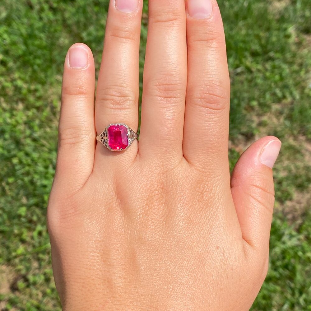Lab Created Ruby Filigree Ring In White Gold - image 8